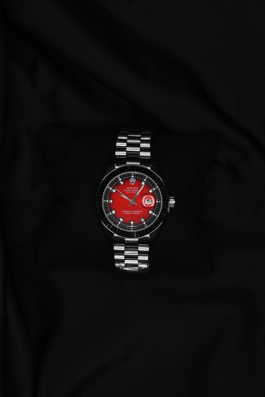Rolex Oyster Perpetual Day-Date Red Dial Diamond Markers Stainless Steel Watch